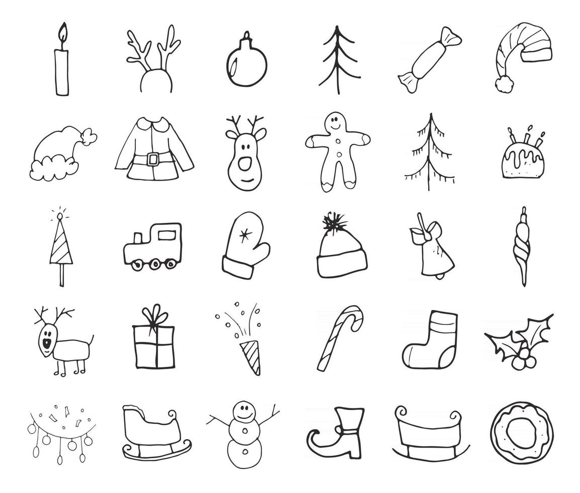 Kerstmis en Nieuwjaar pictogrammen hand getrokken doodles, vector illustratie