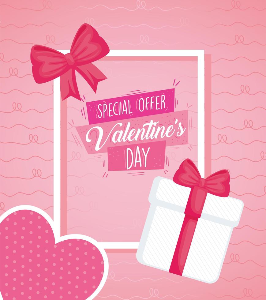 Valentijnsdag poster belettering met cadeau en hart in vierkant frame vector