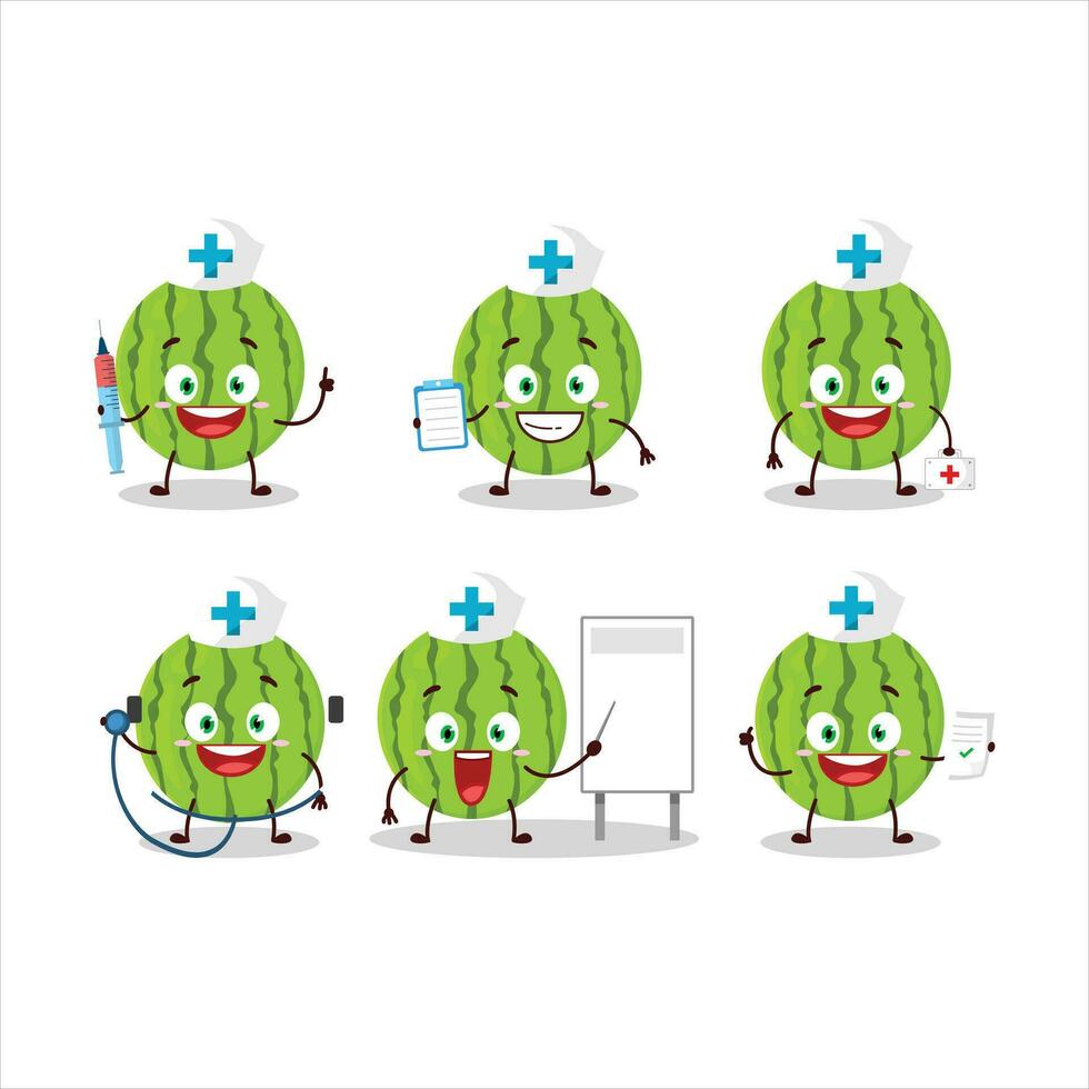 dokter beroep emoticon met groen watermeloen tekenfilm karakter vector
