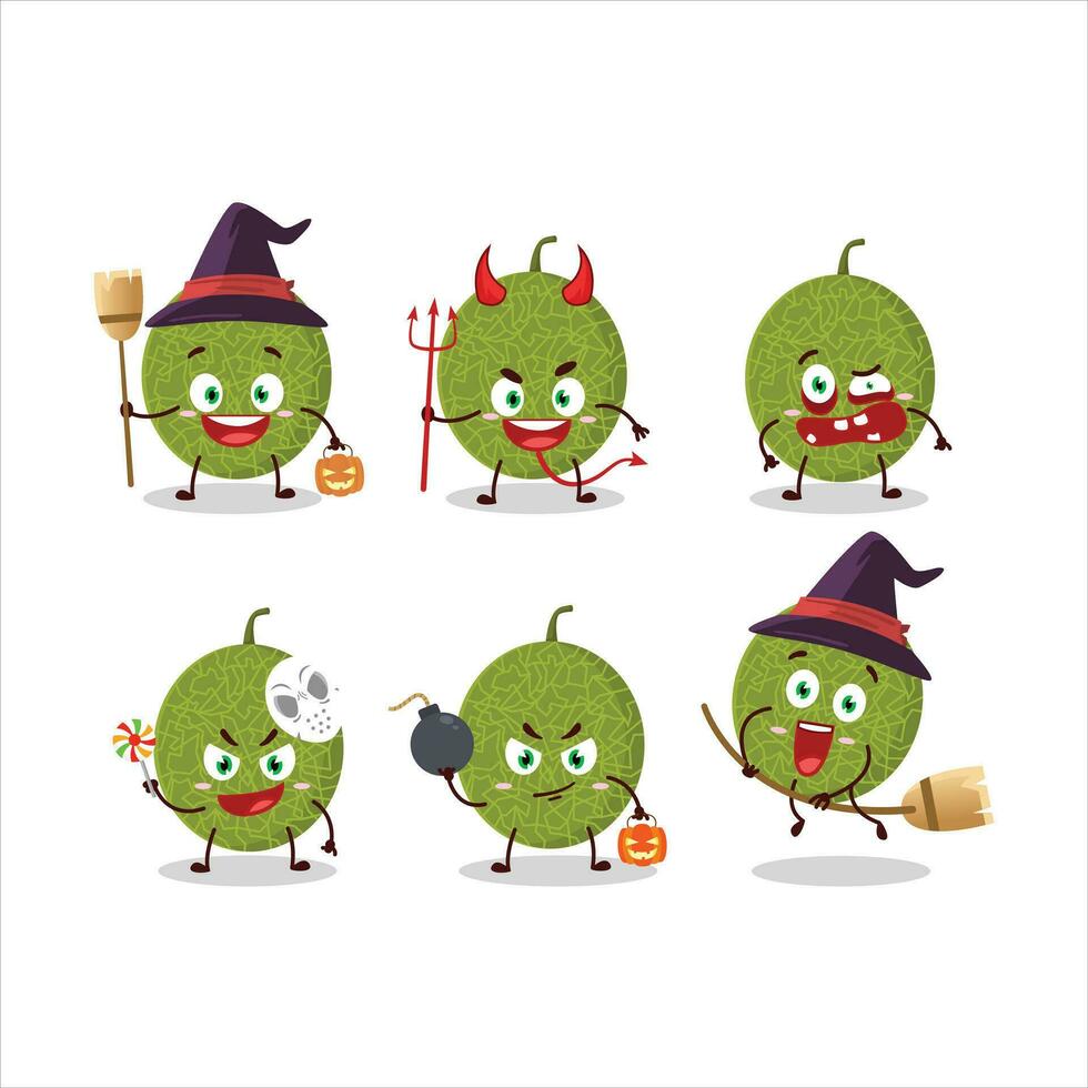 halloween uitdrukking emoticons met tekenfilm karakter van meloen vector