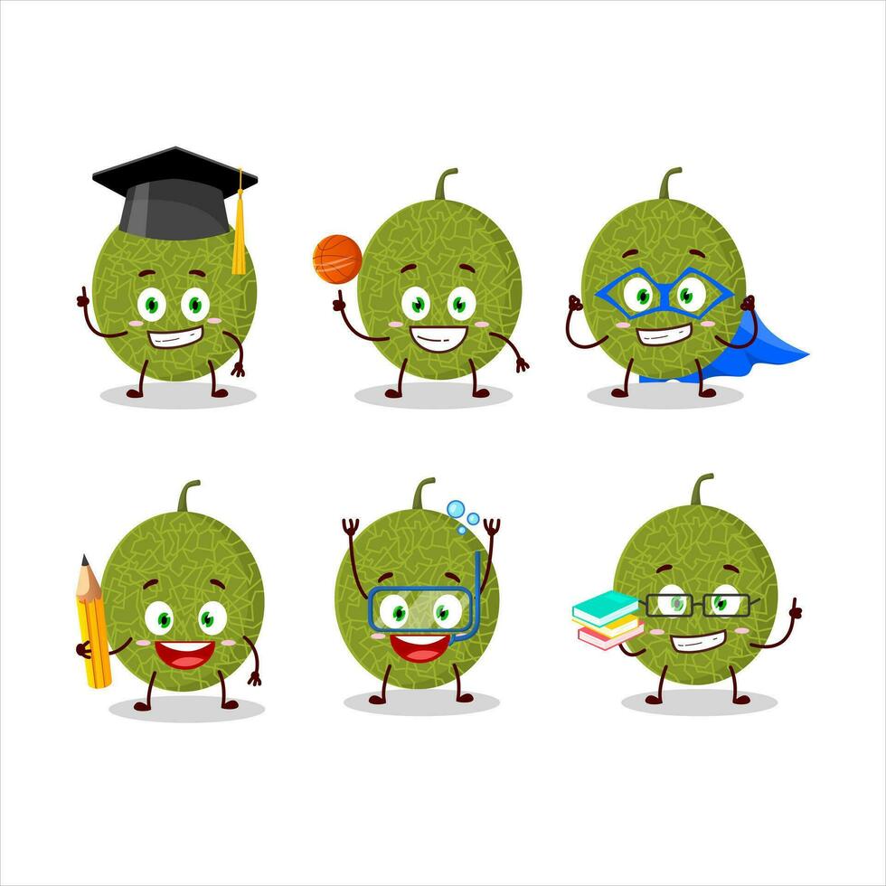 school- leerling van meloen tekenfilm karakter met divers uitdrukkingen vector