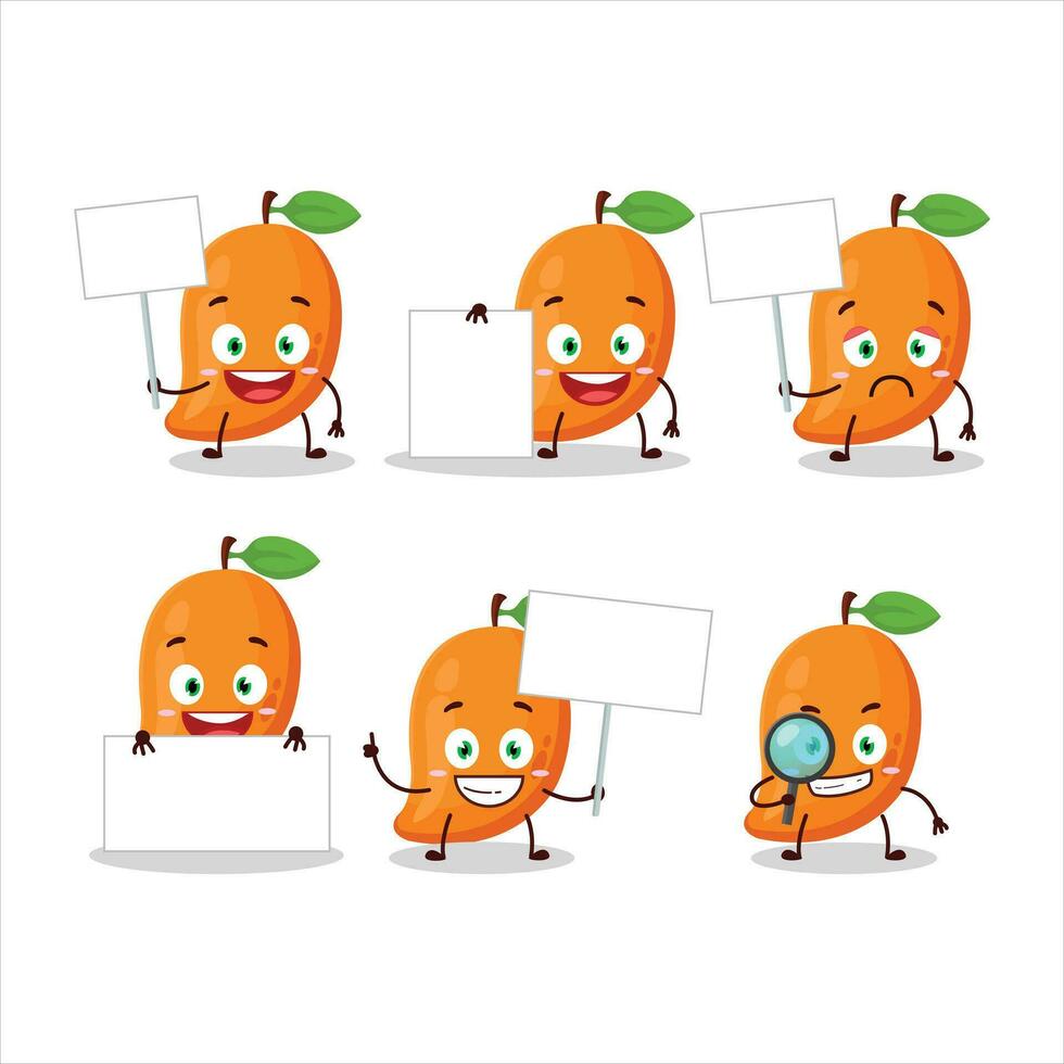 mango tekenfilm karakter in brengen informatie bord vector