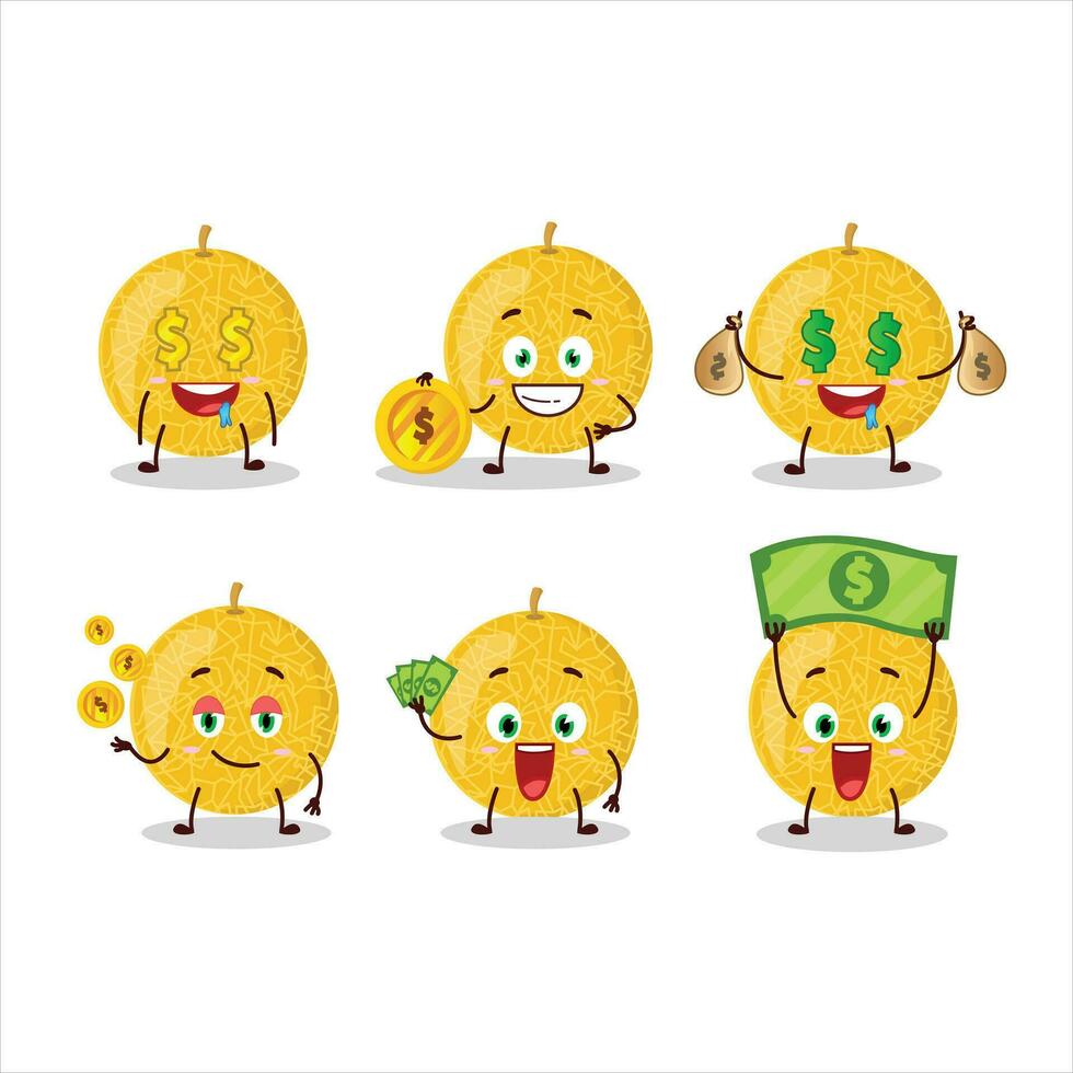 geel meloen tekenfilm karakter met schattig emoticon brengen geld vector