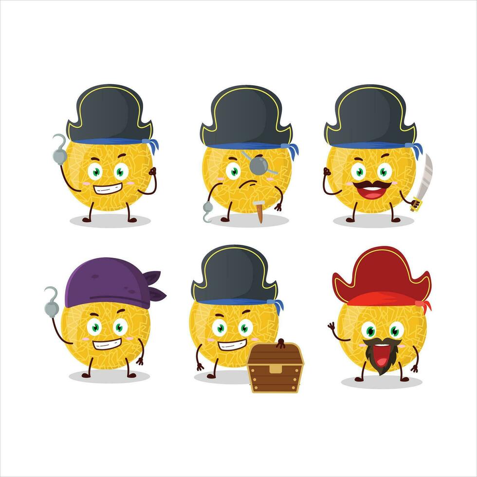 tekenfilm karakter van geel meloen met divers piraten emoticons vector