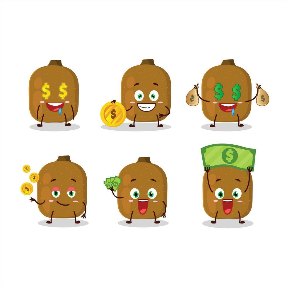 kiwi tekenfilm karakter met schattig emoticon brengen geld vector