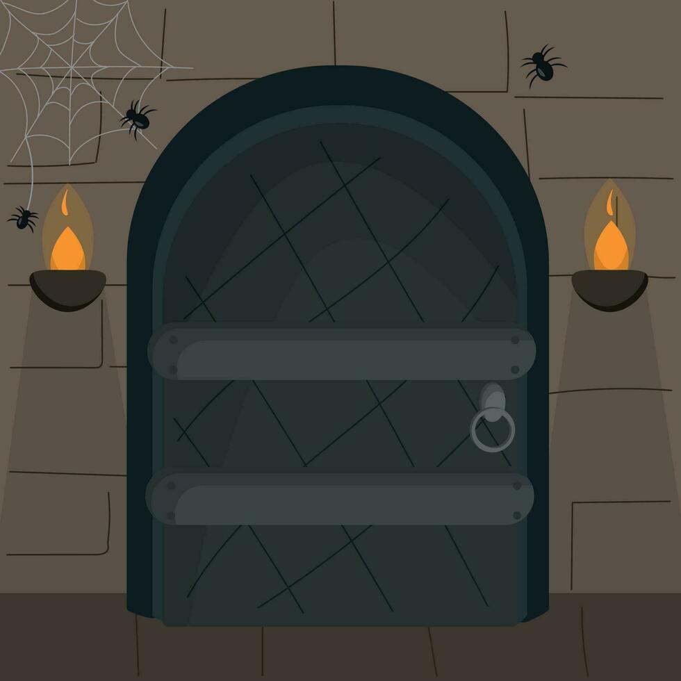 ijzer kasteel deur, spel tafereel, vector illustratie, halloween vakantie, tekenfilm, kerker muur achtergrond, spookachtige, eng, spinneweb