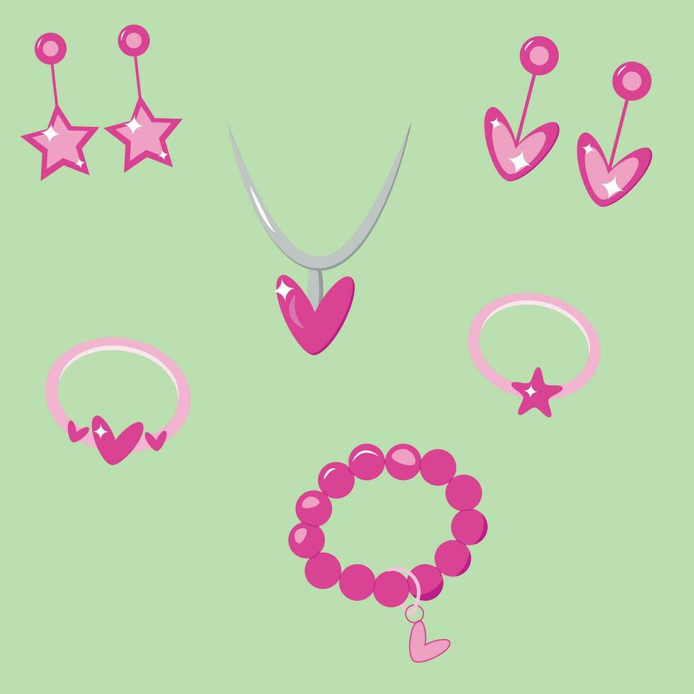 reeks van roze sieraden, oorbellen, armband en hartvormig hanger vector