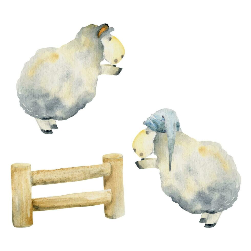 waterverf hand- getrokken illustratie, magisch schattig pluche baby schapen dieren, jumping hek tekenfilm speelgoed- karakter. single voorwerp geïsoleerd Aan wit achtergrond. kinderen kinderen slaapkamer, kleding stof, linnengoed afdrukken vector