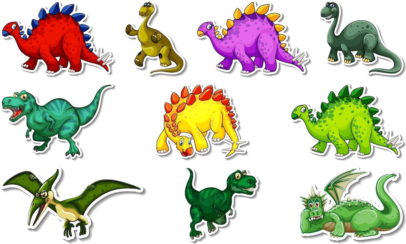 stickerset met verschillende soorten stripfiguren van dinosaurussen vector