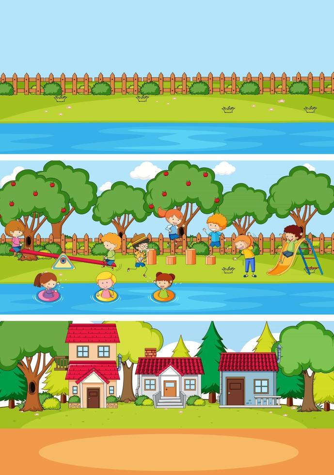 set van verschillende horizontale scènes achtergrond met doodle kinderen stripfiguur vector