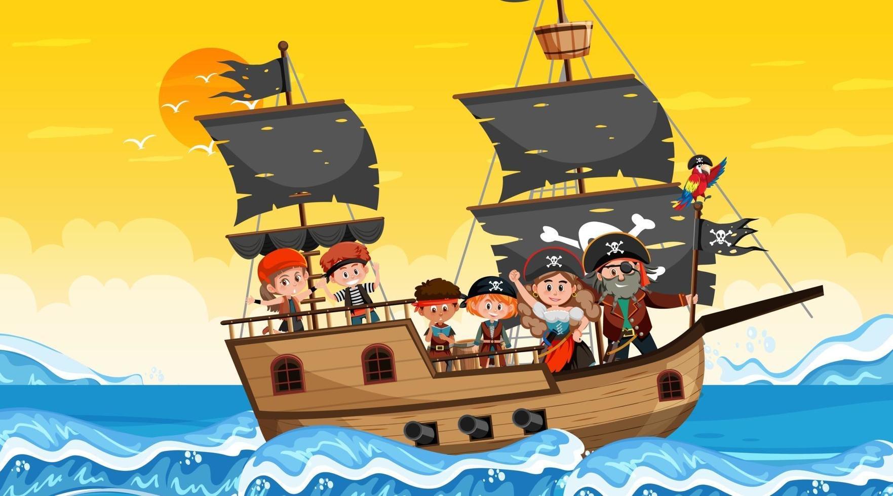 oceaanscène in zonsondergangtijd met piratenkinderen op het schip vector