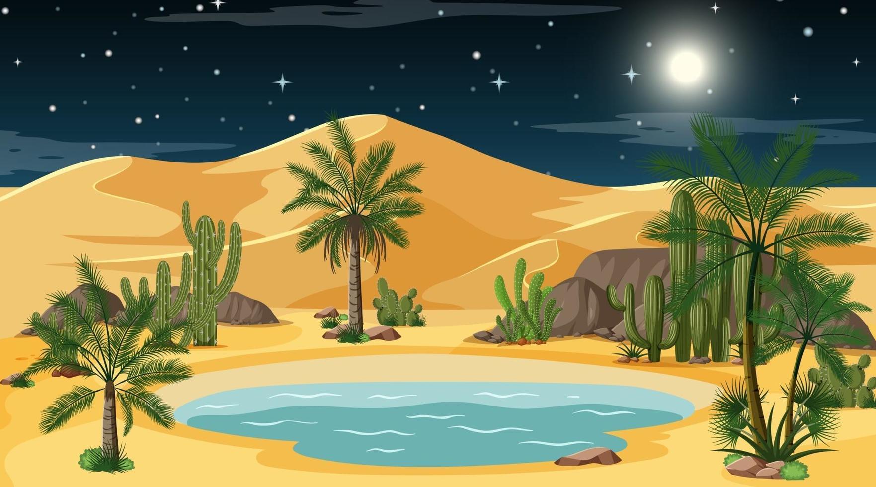 woestijn boslandschap bij nachtscène met oase vector