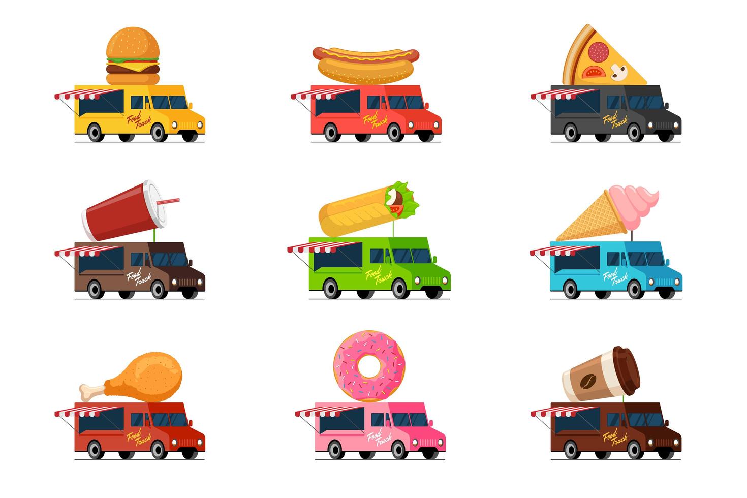 fastfood vrachtwagenset. hamburger hotdog pizza drank milkshake shoarma kebab ijs gebakken kip donut koffie op van dak. straat café levering wielen service platte vectorillustratie vector