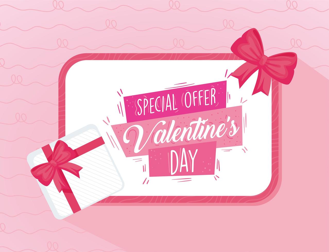 Valentijnsdag poster belettering met cadeau en boog in vierkant frame vector