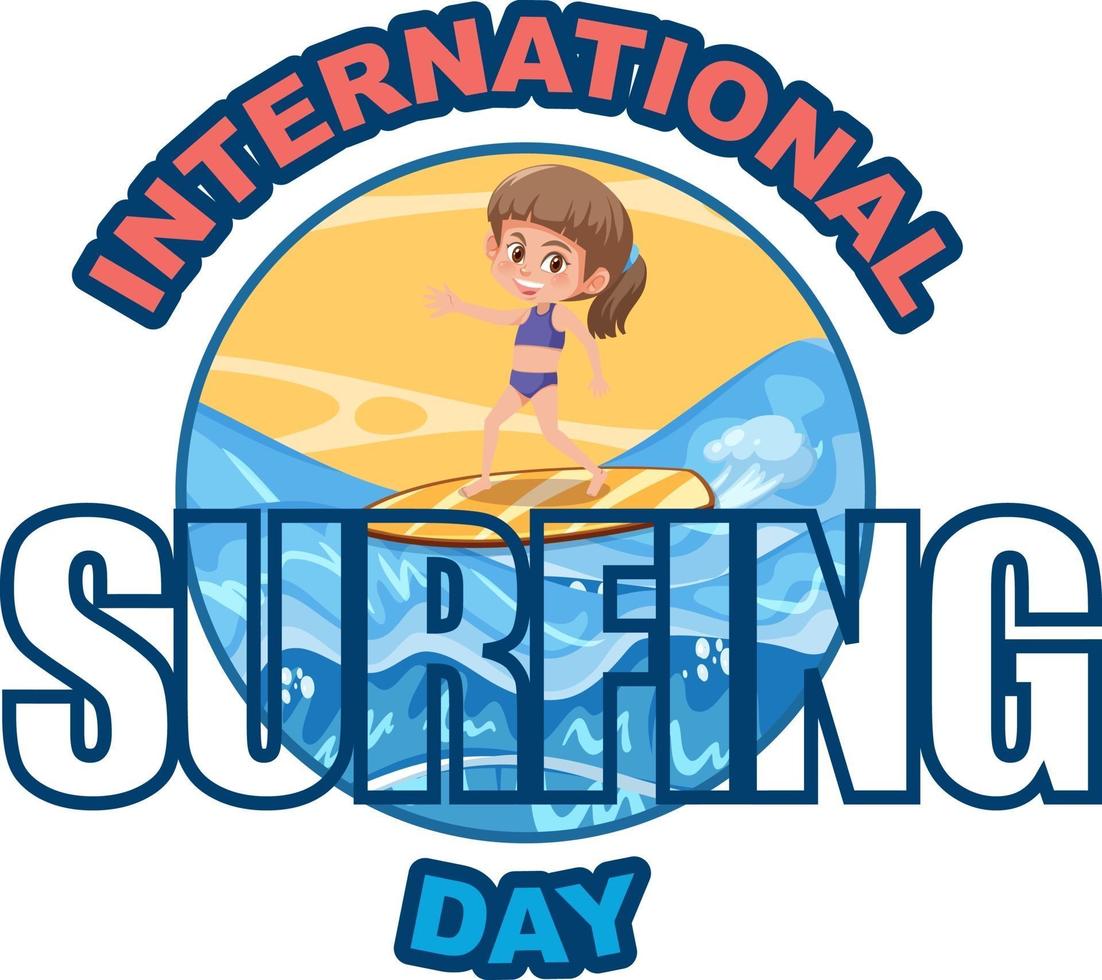 internationale surfdag lettertype met een meisje dat surft stripfiguur surf vector