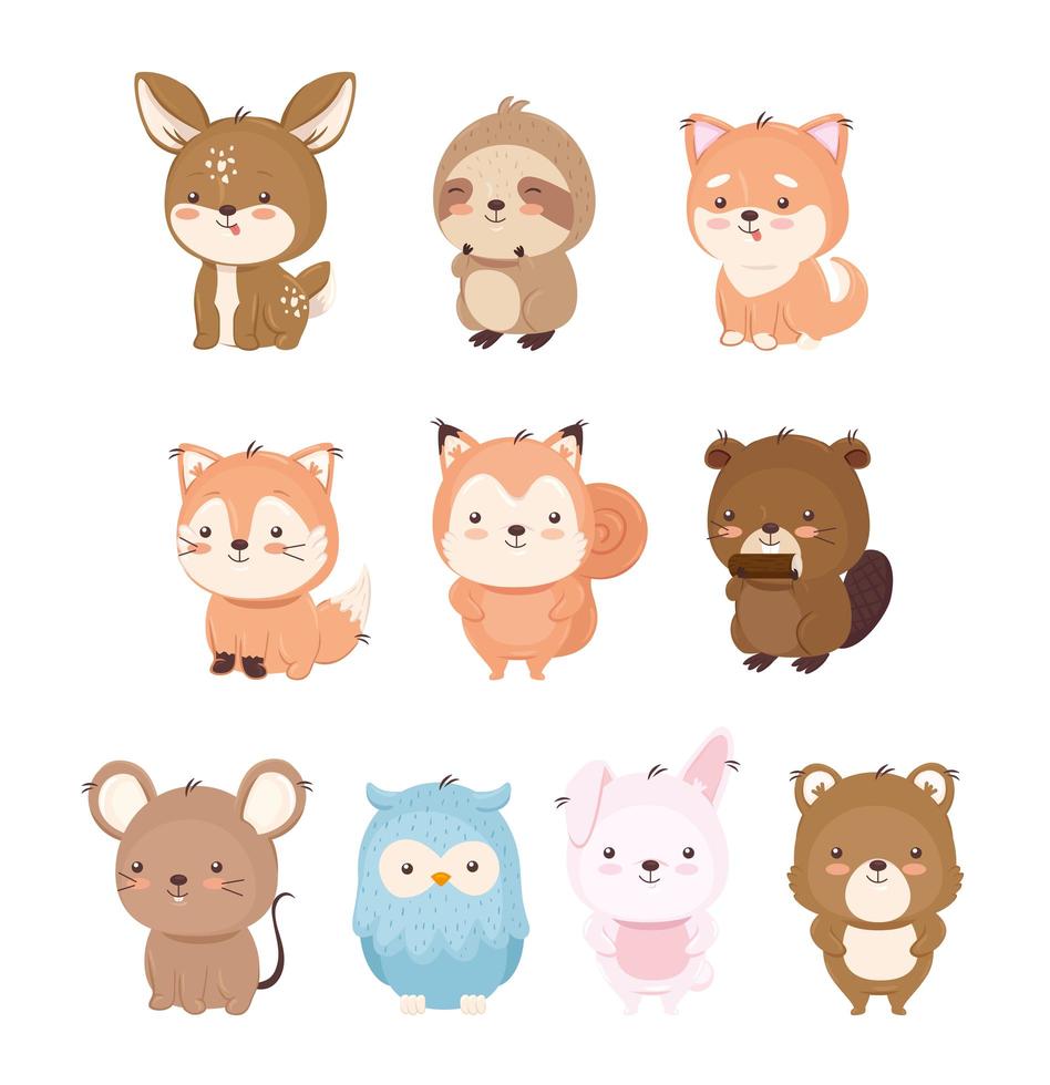 kawaii dieren tekenfilms icon set vector design