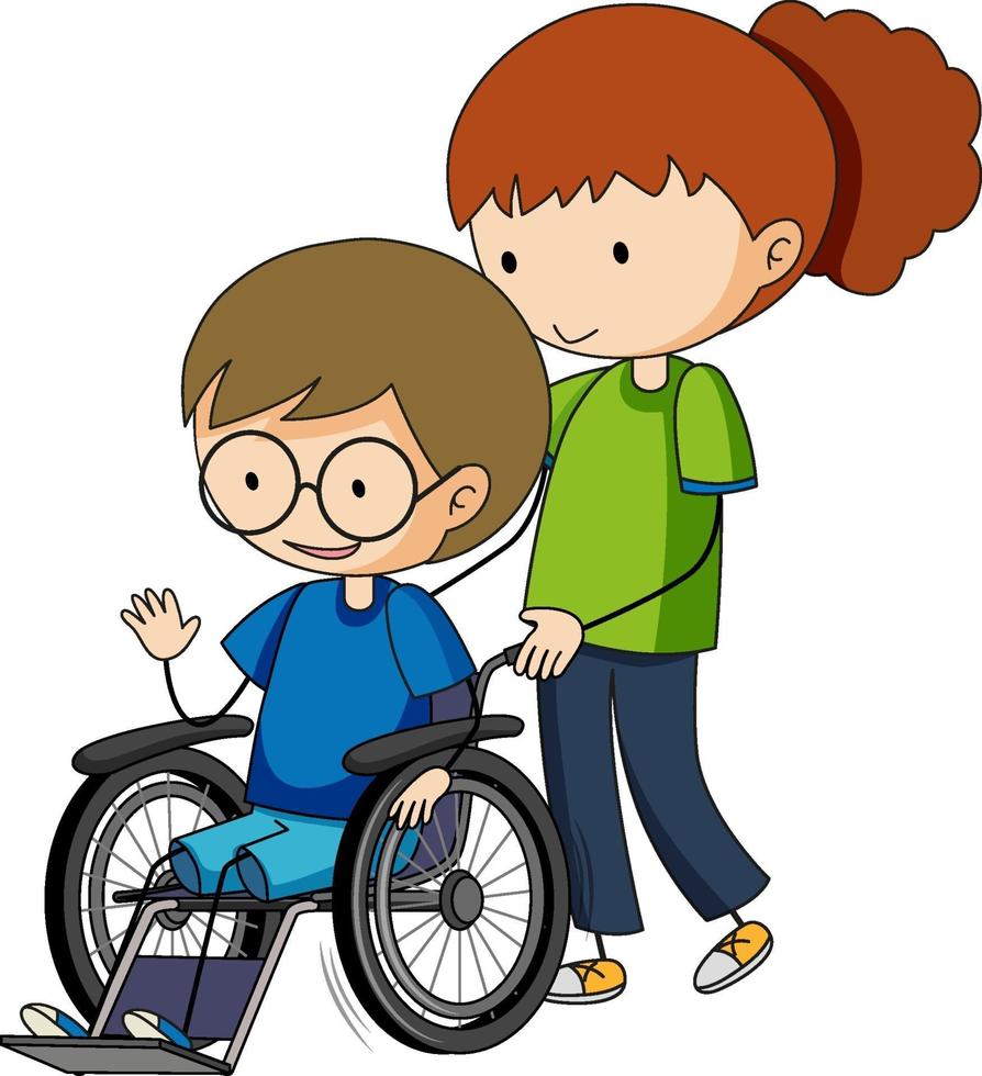 doodle stripfiguur van een jongen die in een rolstoel zit vector