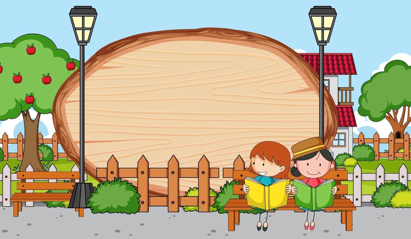 parkscène met lege houten plank in ovale vorm met het stripfiguur van de kinderen doodle vector
