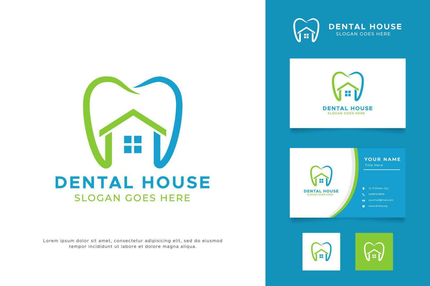 abstract vorm tand en huis teken symbool van tandheelkundig huis logo en minimalistische bedrijf kaart sjabloon. vector