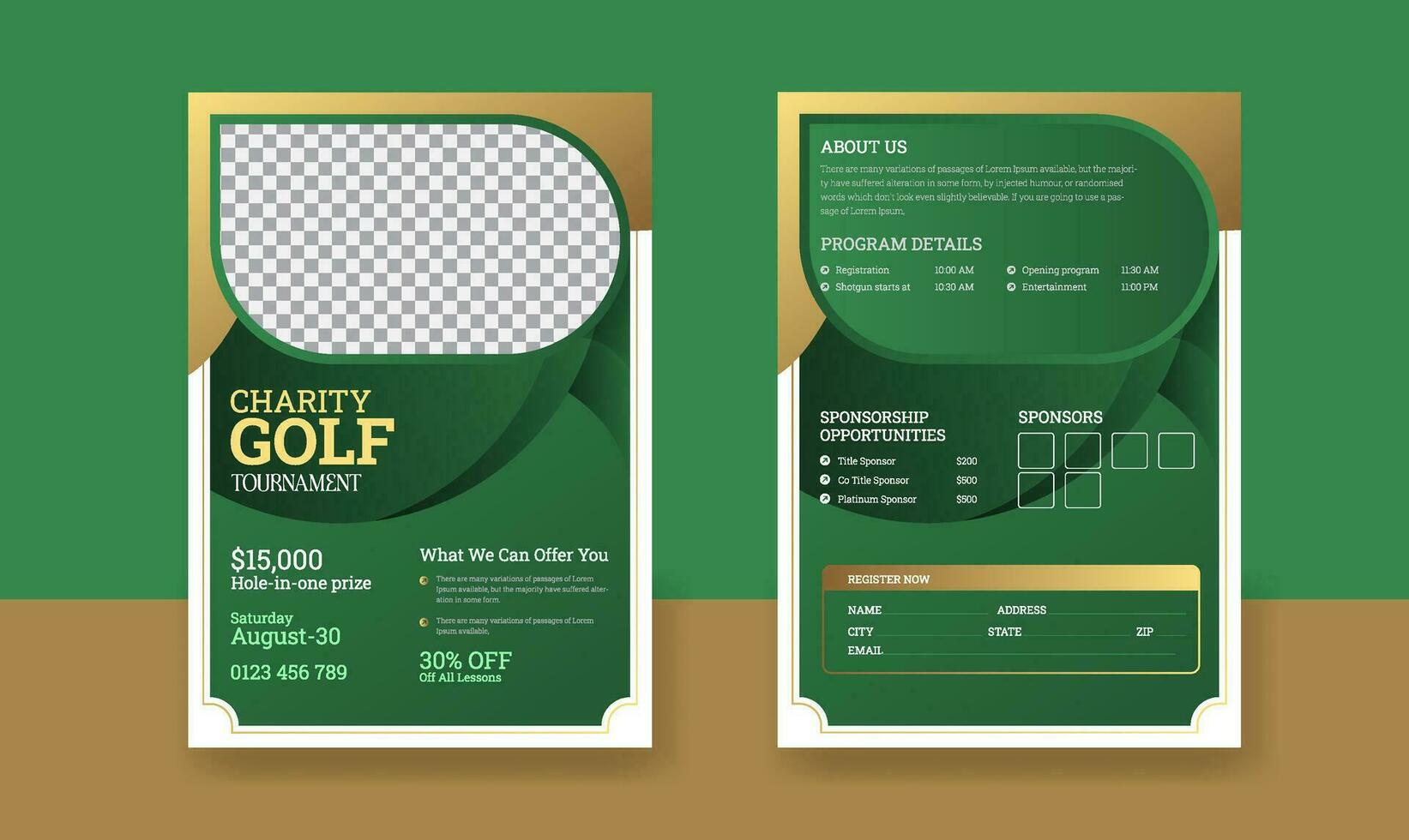 golf toernooi poster sjabloon met golf club en bal, golf spel folder en tijdschrift Hoes vector