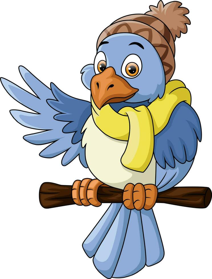 schattig blauw vogel tekenfilm Aan boom Afdeling vector