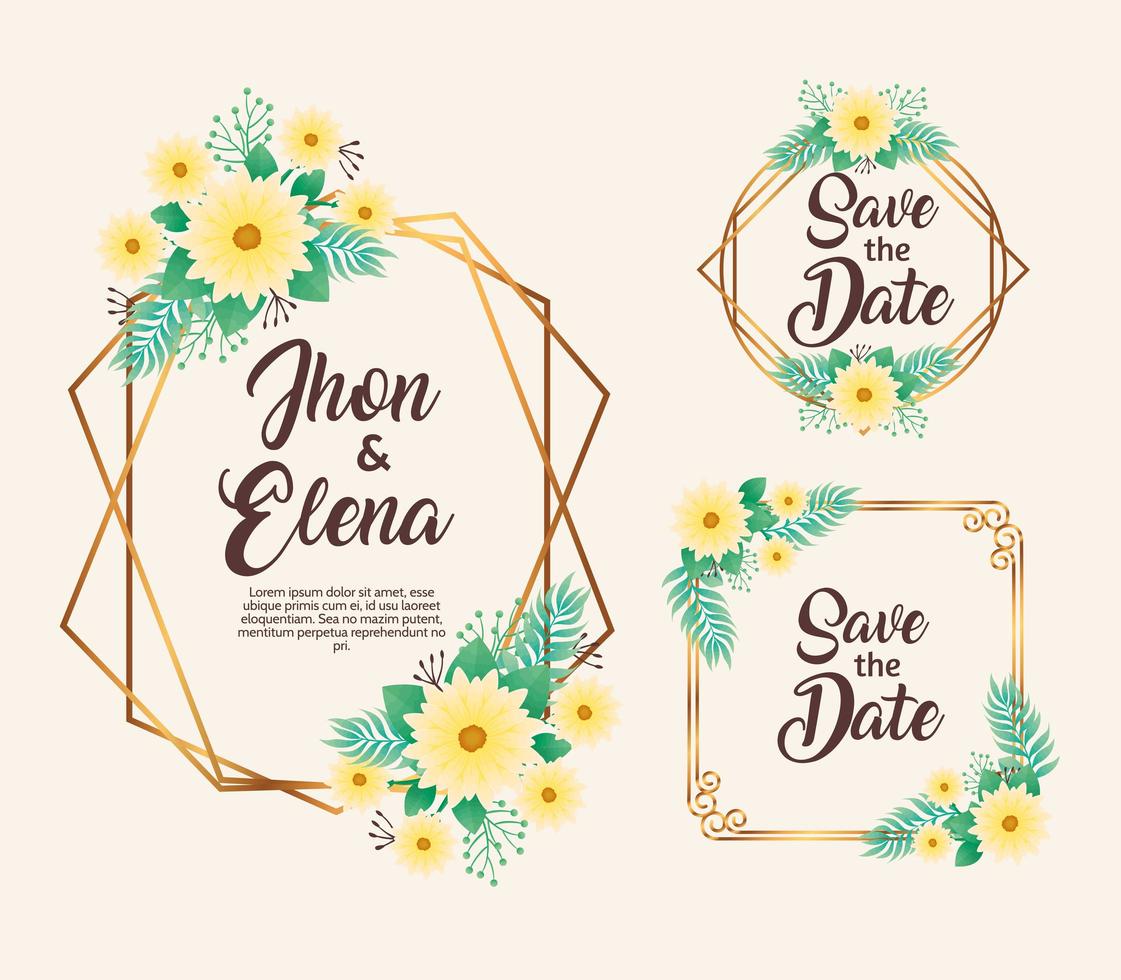 huwelijksuitnodigingen met gele bloemen en gouden lijsten vector