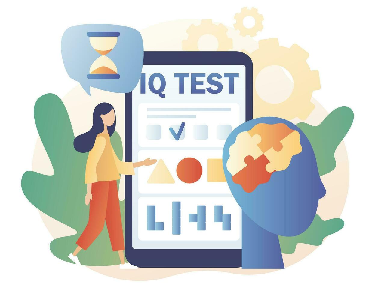 iq testen. klein vrouw bepalen cognitief vermogens in smartphone app. intelligentie- quotiënt. modern vlak tekenfilm stijl. vector illustratie Aan wit achtergrond