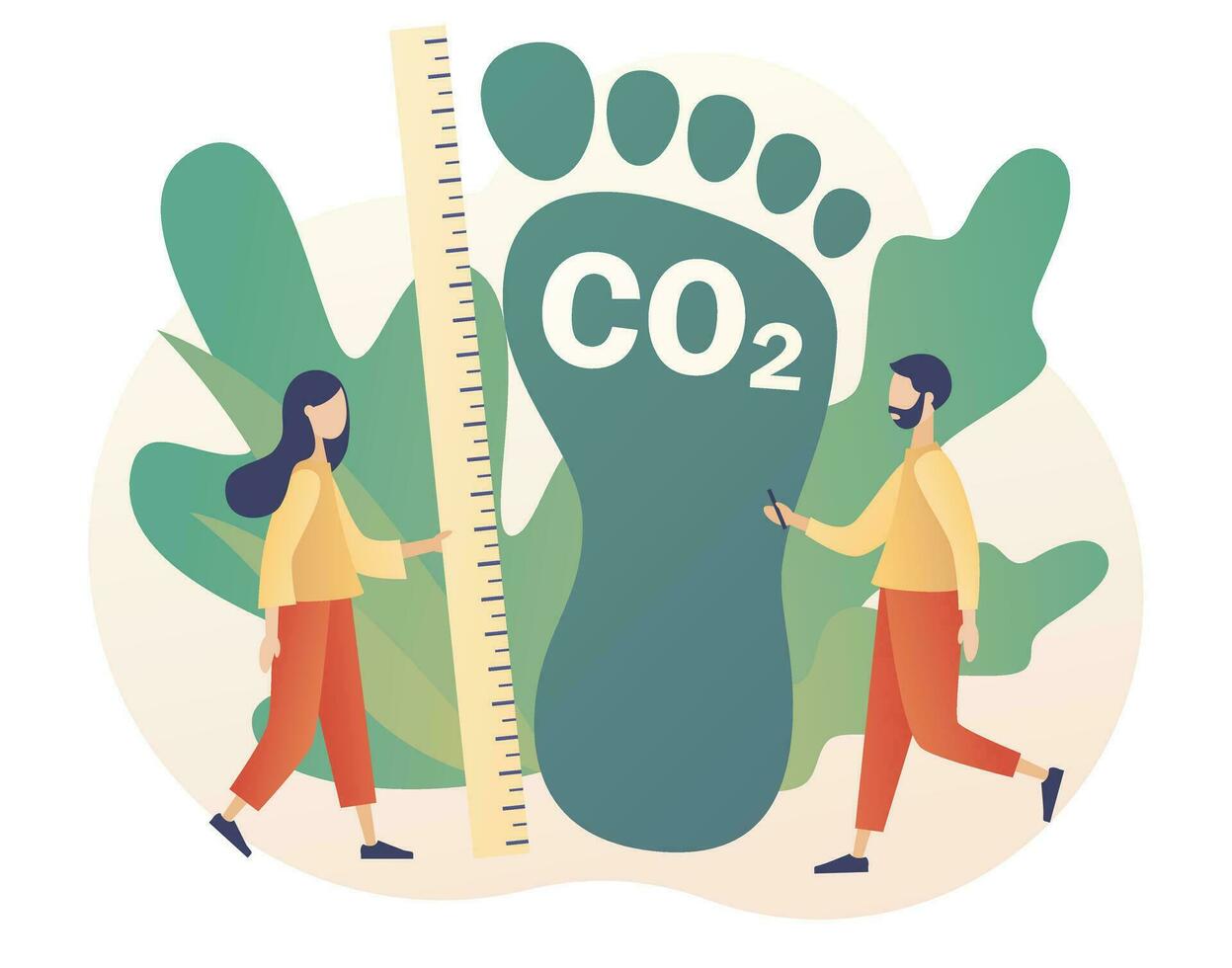 co2 emissie milieu gevolg concept. klein mensen meten reusachtig koolstof voetafdruk vervuiling. gevaarlijk dioxide effect Aan planeet ecosysteem. modern vlak tekenfilm stijl. vector illustratie