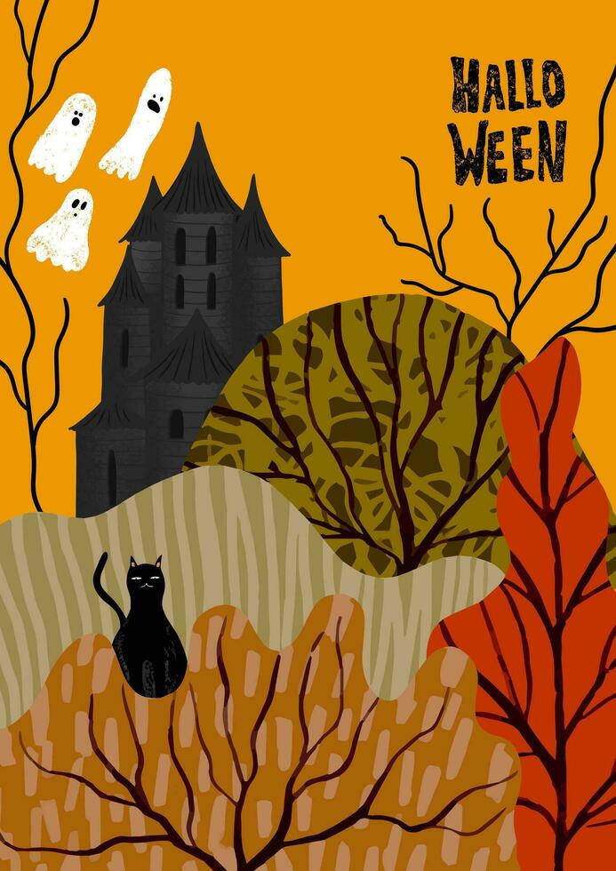 gelukkig halloween poster met huis van geesten, herfst Woud, zwart kat vector
