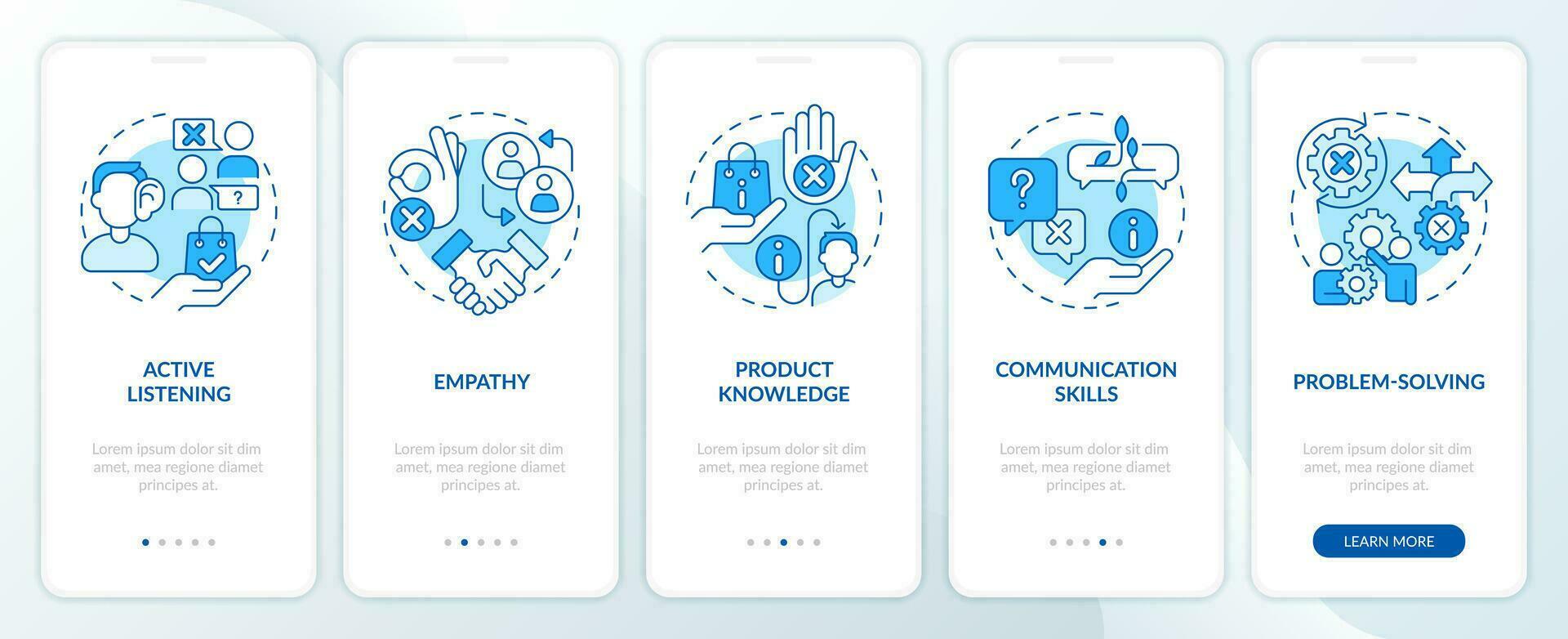 verkoper essentieel vaardigheden blauw onboarding mobiel app scherm. verkoop rep walkthrough 5 stappen bewerkbare grafisch instructies met lineair concepten. ui, ux sjabloon vector