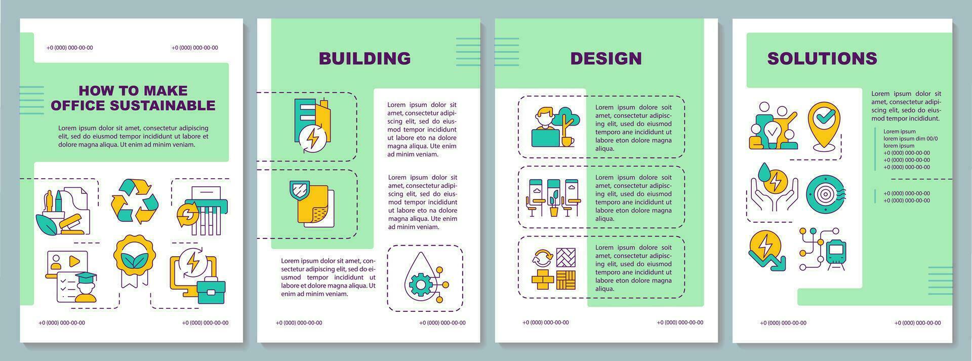 duurzame kantoor groen brochure sjabloon, brochure ontwerp met dun lineair pictogrammen, 4 vector lay-outs.