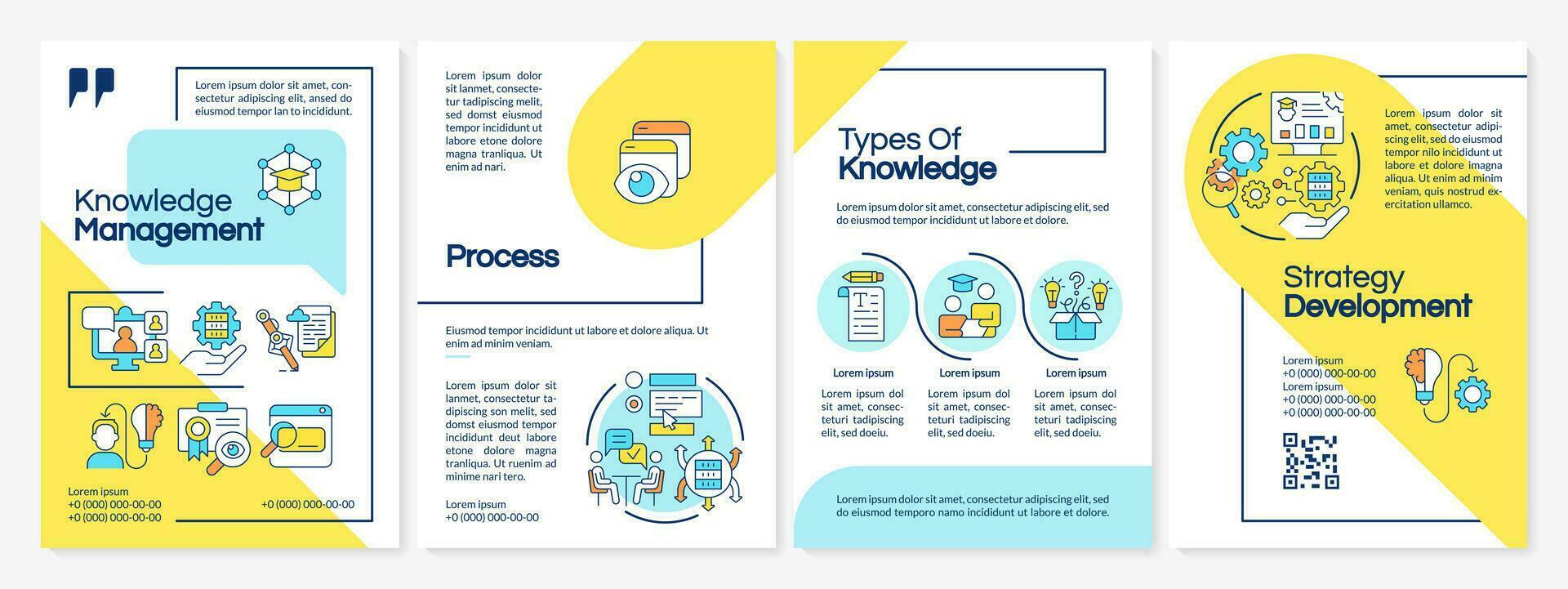 kennis beheer veelkleurig brochure sjabloon, brochure ontwerp met dun lineair pictogrammen, 4 vector lay-outs.