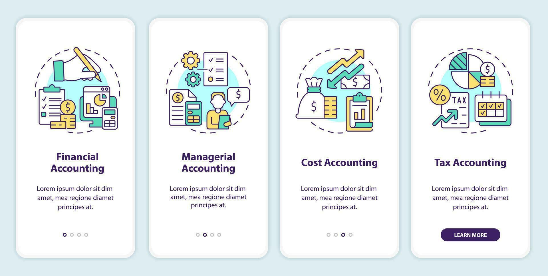 financieel accounting onboarding mobiel app scherm. walkthrough 4 stappen bewerkbare grafisch instructies met lineair concepten. ui, ux, gui sjabloon vector