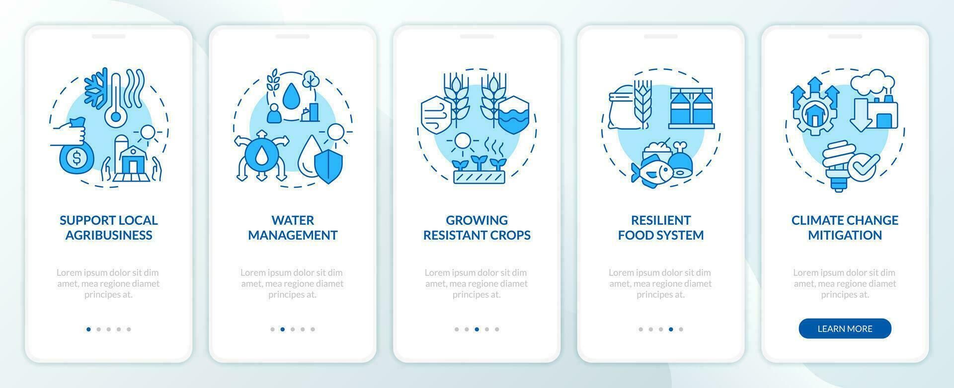 5 stappen blauw pictogrammen vertegenwoordigen hitteflatie oplossing mobiel app scherm set. walkthrough grafisch instructies met lineair concept, ui, ux, gui sjabloon.. vector