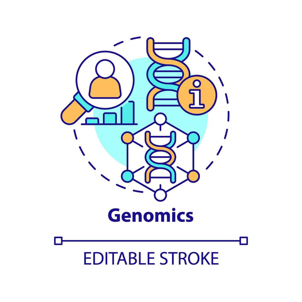 genomics concept icoon. dna en genen aan het studeren. informatie technologie neiging abstract idee dun lijn illustratie. geïsoleerd schets tekening. bewerkbare beroerte vector