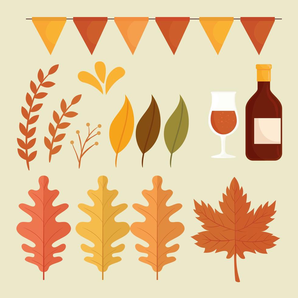 gelukkige Thanksgiving-vieringskaart met vaste pictogrammen vector