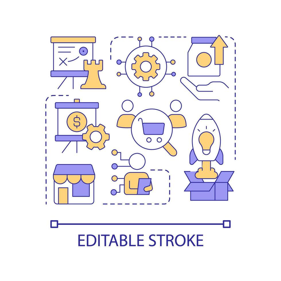 bouwen bedrijf strategie concept icoon. vind inzichten. afzet analytisch. consumenten Onderzoek abstract idee dun lijn illustratie. geïsoleerd schets tekening. bewerkbare beroerte vector