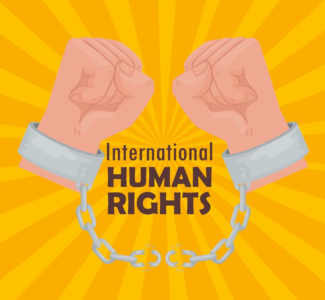internationale mensenrechten belettering poster met handen die handboeien breken vector