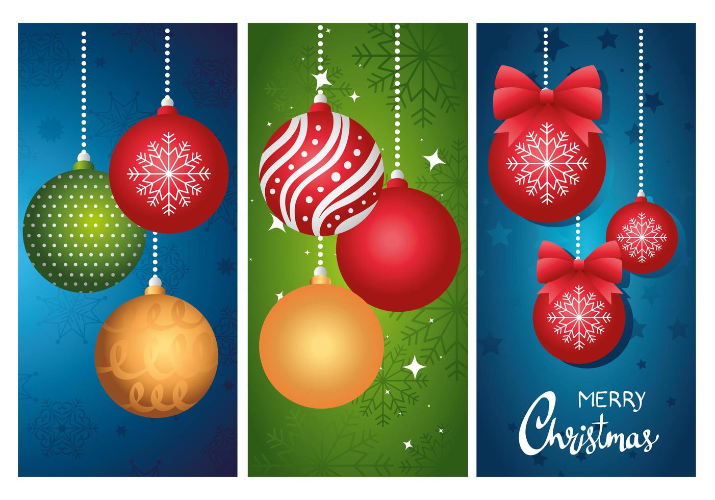 happy merry christmas belettering kaarten met hangende ballen vector