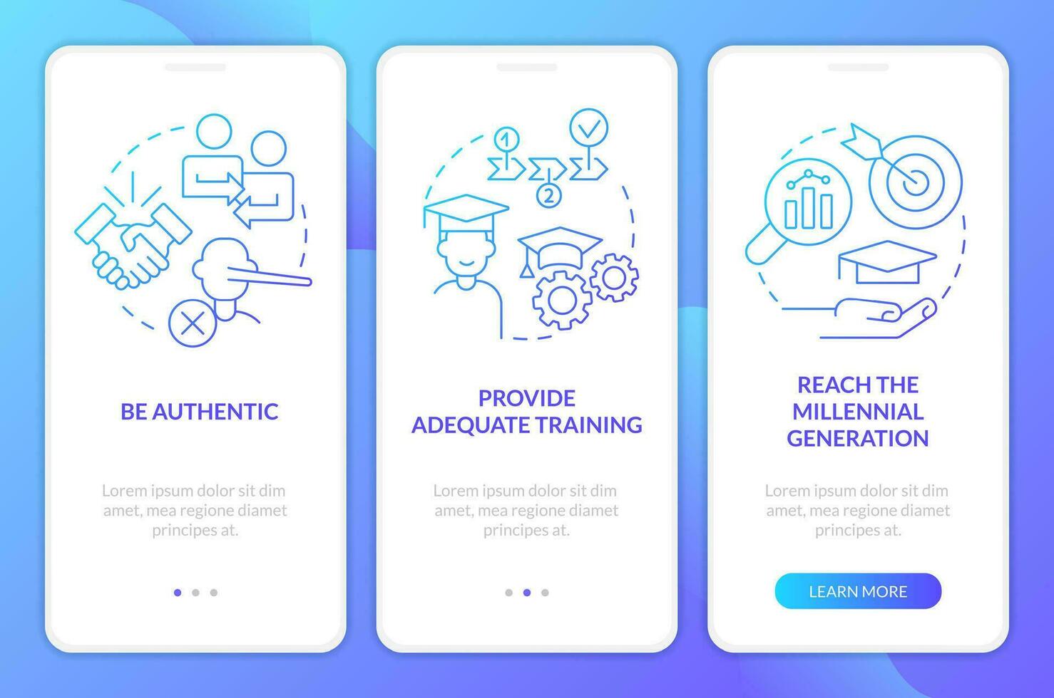 effectief werkgever-werknemer relaties blauw helling onboarding mobiel app scherm. walkthrough 3 stappen grafisch instructies met lineair concepten. ui, ux, gui sjabloon vector