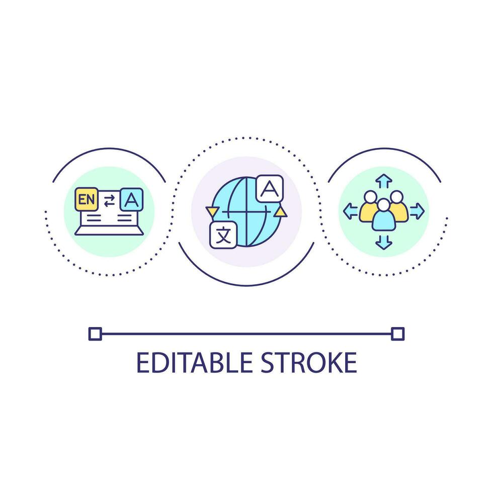 digitaal vertaling Diensten lus concept icoon. meerdere taal website. uitbreiden publiek abstract idee dun lijn illustratie. geïsoleerd schets tekening. bewerkbare beroerte vector