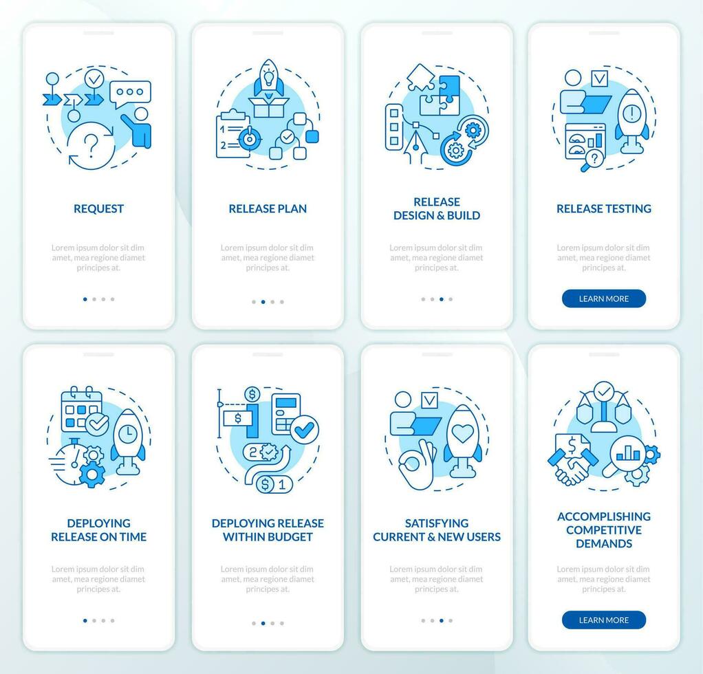 software vrijlating beheer blauw onboarding mobiel app scherm set. walkthrough 4 stappen bewerkbare grafisch instructies met lineair concepten. ui, ux, gui sjabloon vector