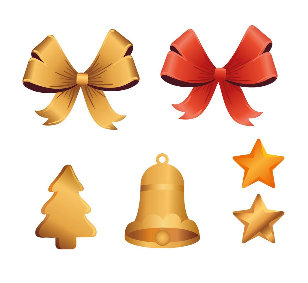 vrolijke vrolijke kerstkaart met strikken en gouden pictogrammen vector