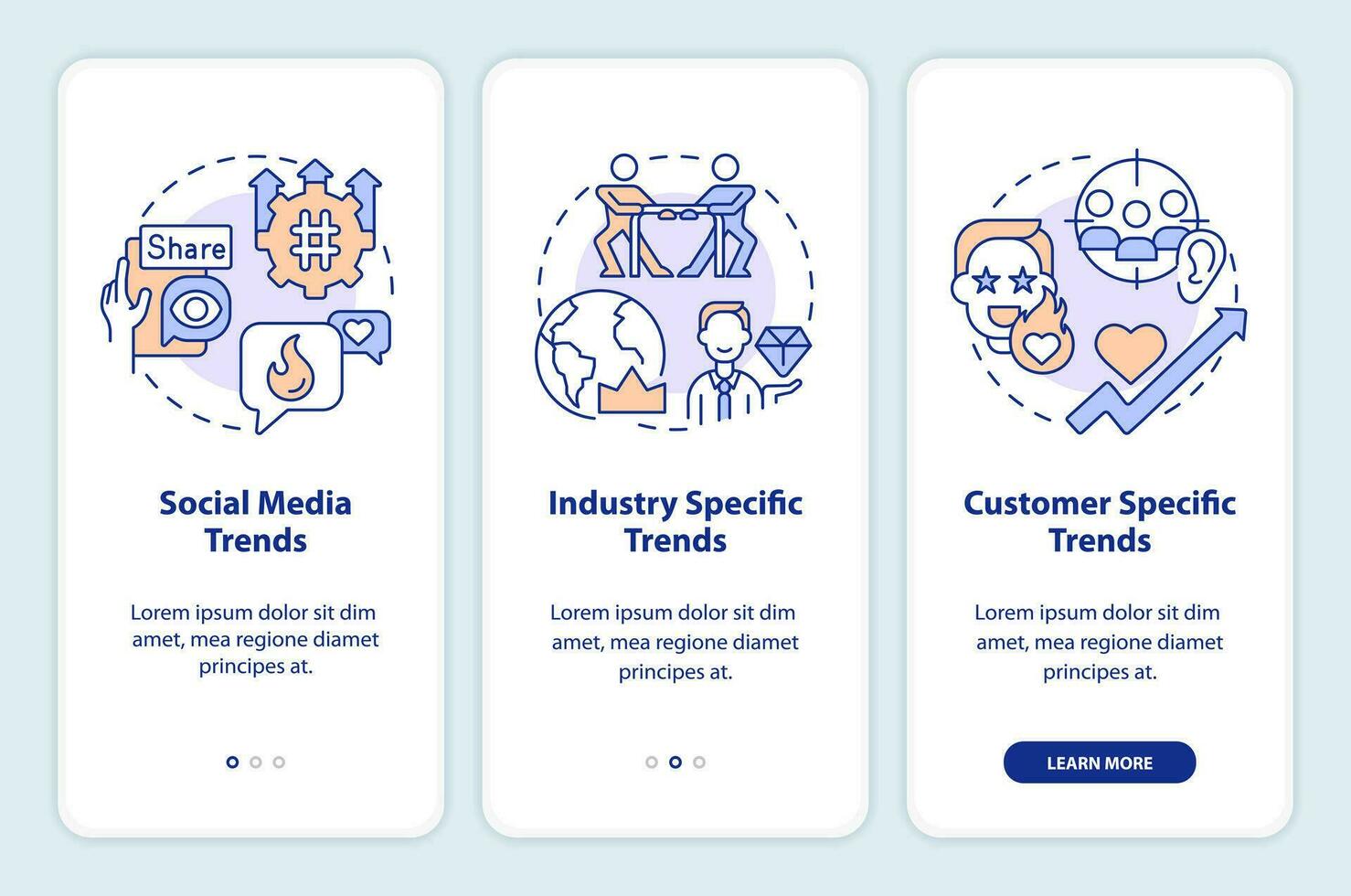 trends categorieën onboarding mobiel app scherm. markt Onderzoek walkthrough 3 stappen bewerkbare grafisch instructies met lineair concepten. ui, ux, gui sjabloon vector