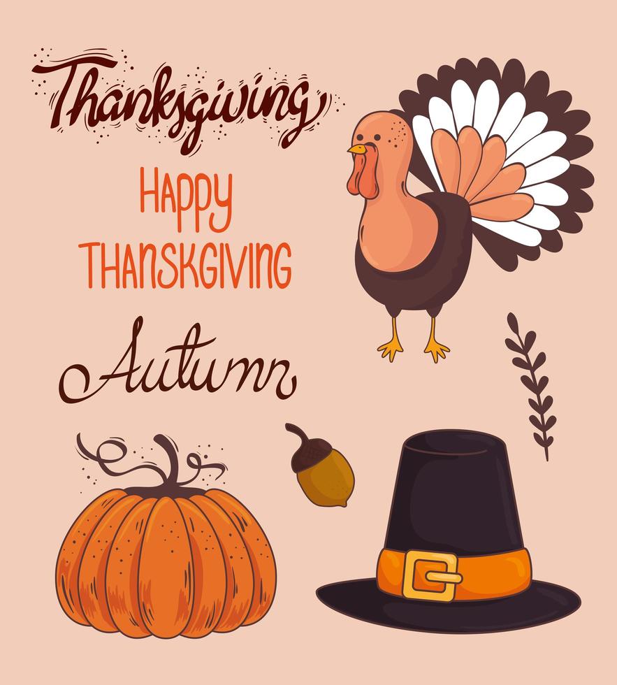 happy thanksgiving viering belettering kaart met bundel pictogrammen vector