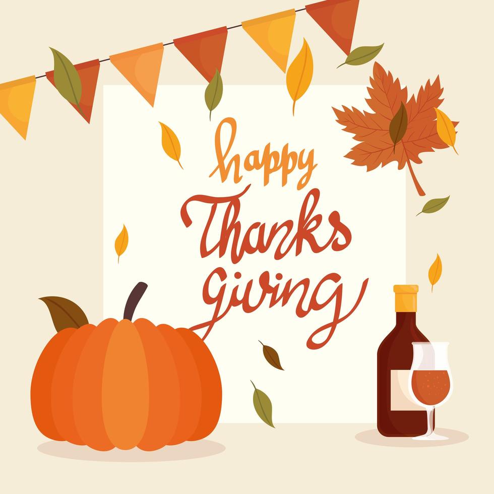 happy thanksgiving viering belettering kaart met wijn en pompoen vector