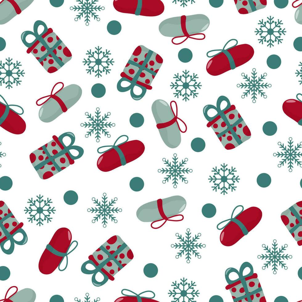 Kerstmis naadloos patroon met geschenk dozen en sneeuwvlokken. Aan een wit achtergrond, in een hand getekend stijl. vector