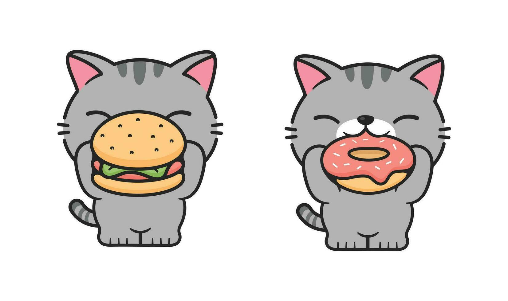 schattig kat met snel voedsel, hamburger en donuts vector