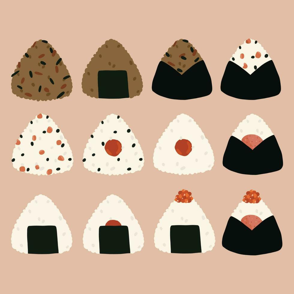 een hand- getrokken illustratie reeks van ronde onigiri vector