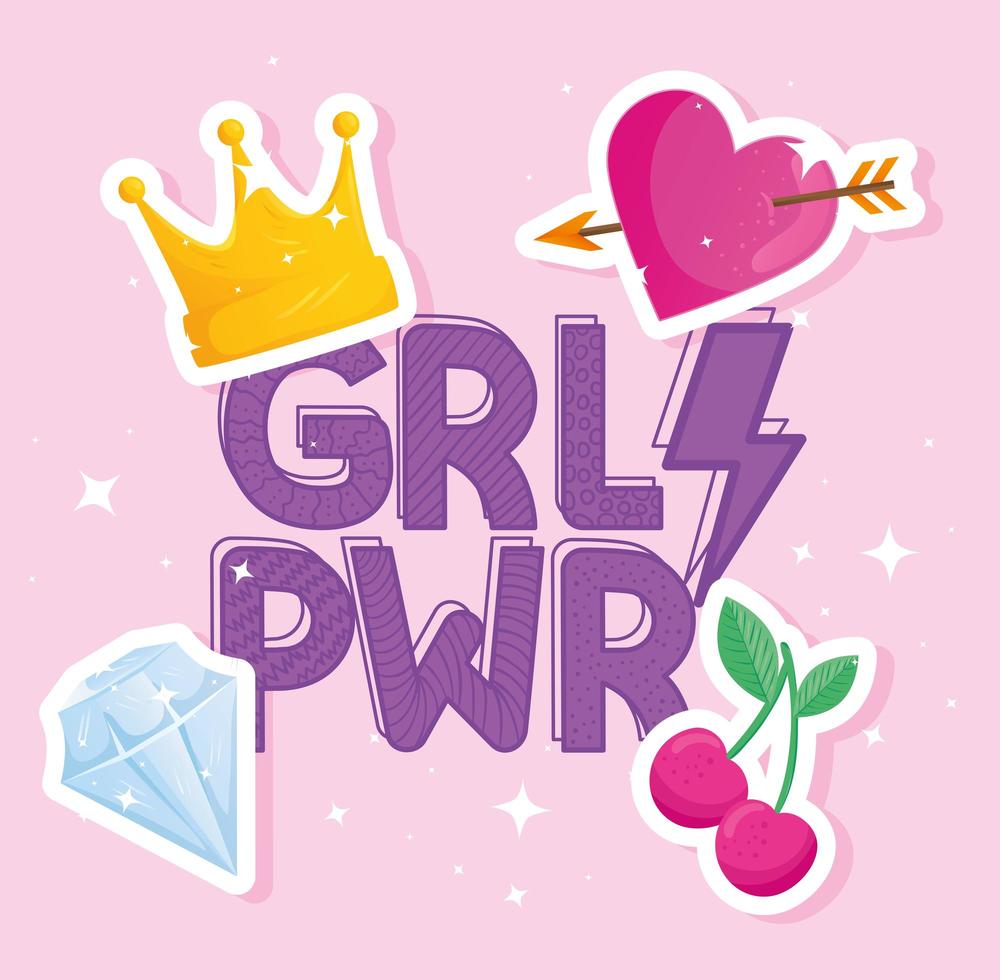 girl power belettering met set pop-art stijliconen vector